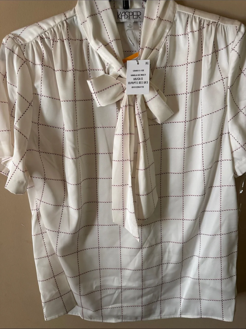 Kasper Cream Blouse with Burgundy Windowpane Pattern and Tie-Neck
